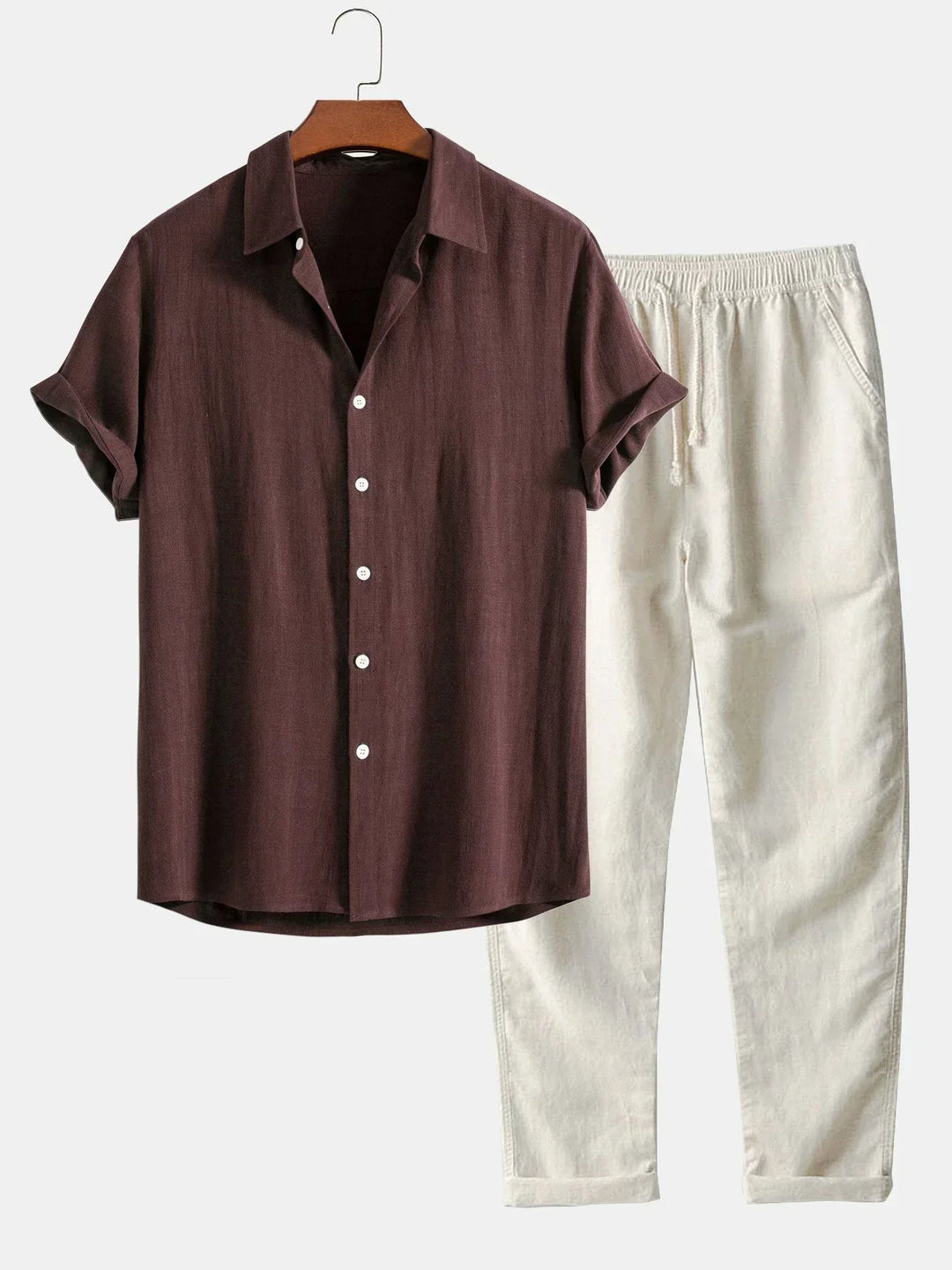 Ensemble Deux Pièces en Lin pour Homme – Chemise Manches Courtes Pantalon à Cordon