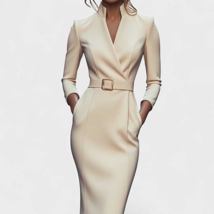 Tætsiddende midi-kjole til kvinder i stretchstof – med bælte, V-udskæring og lange ærmer