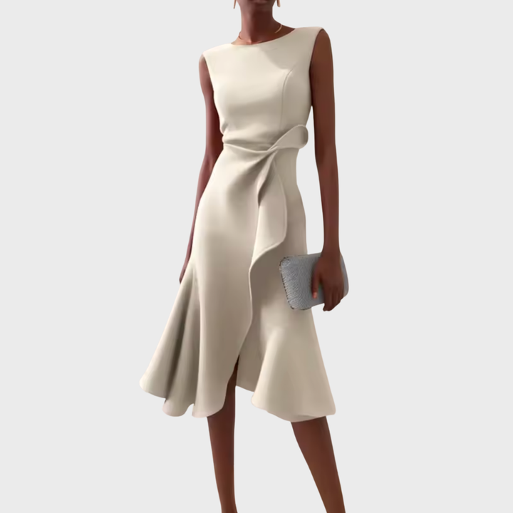 Women's Structured Sleeveless Midi Dress – Round Neck, Flared Hem, Fitted