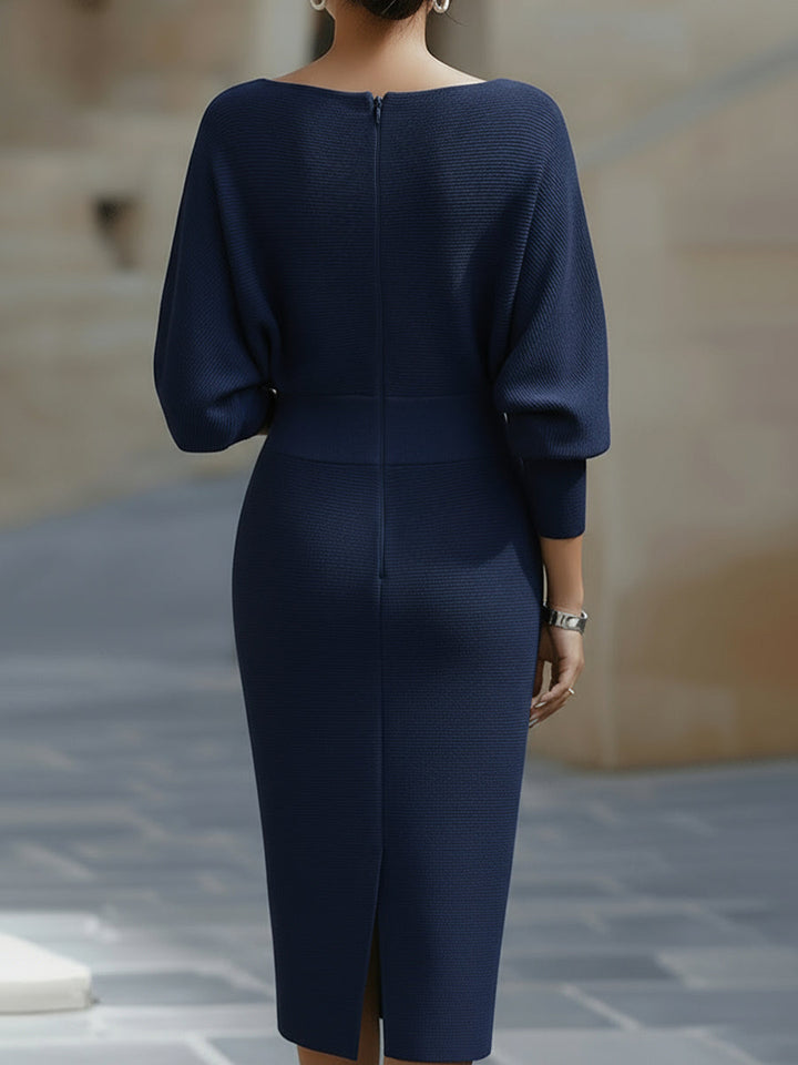 Robe Midi en Maille pour Femme – Manches Chauve-Souris Coupe Ajustée