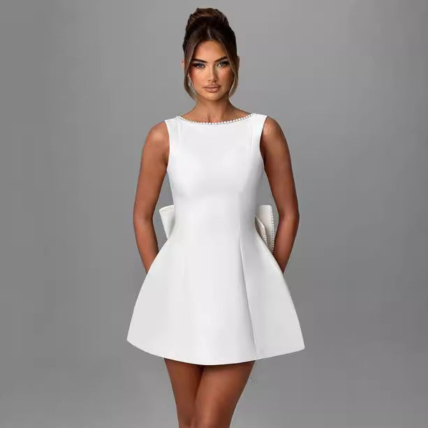 Robe Mini Femme A-Line Dos Nu – Sans Manches Nœud Perlé