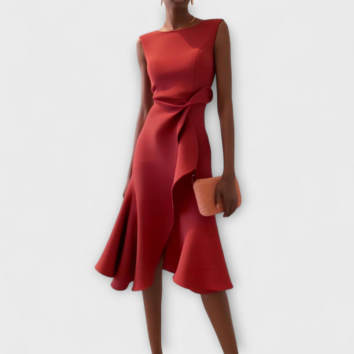 Women's Structured Sleeveless Midi Dress – Round Neck, Flared Hem, Fitted