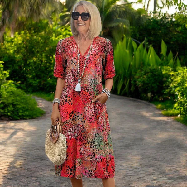 Leichtes Boho-Midi-Kleid für Damen – V-Ausschnitt, lockerer Schnitt