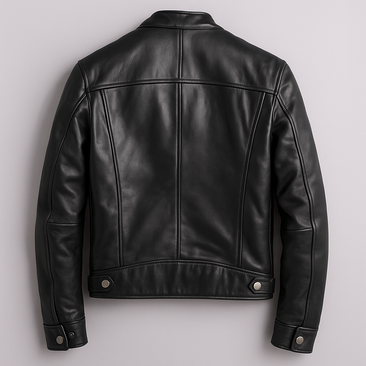 Veste Homme Vintage Cuir – Col Montant Coupe Structurée Fermeture Zippée Poches