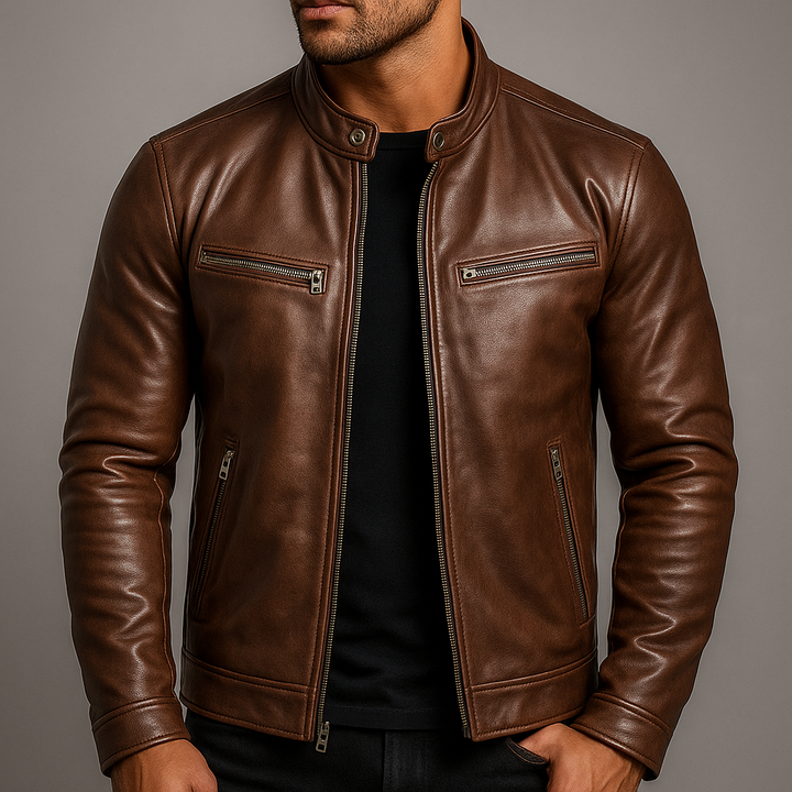 Veste Homme Vintage Cuir – Col Montant Coupe Structurée Fermeture Zippée Poches