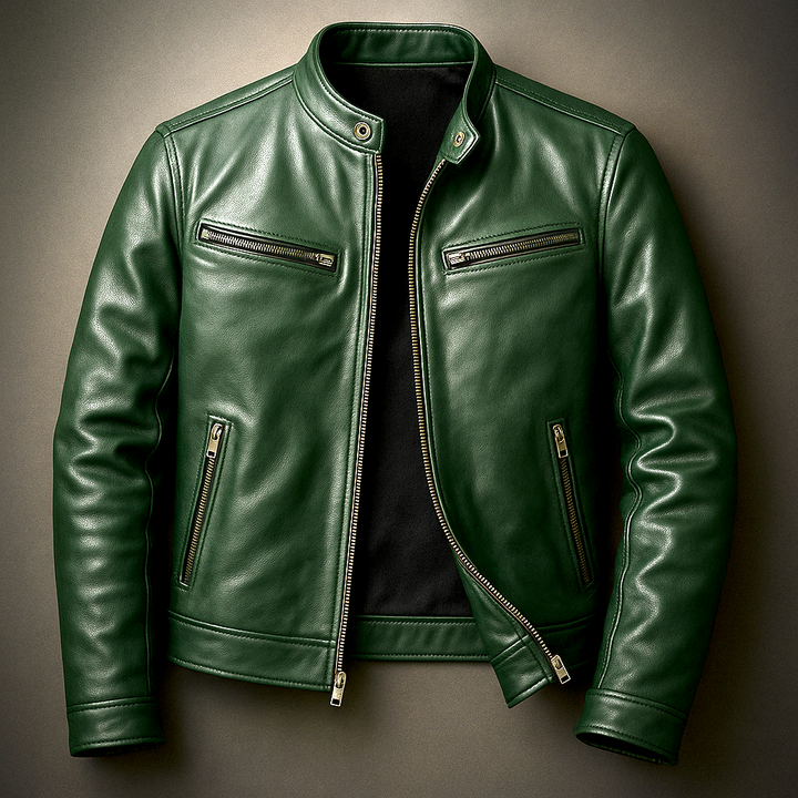 Veste Homme Vintage Cuir – Col Montant Coupe Structurée Fermeture Zippée Poches