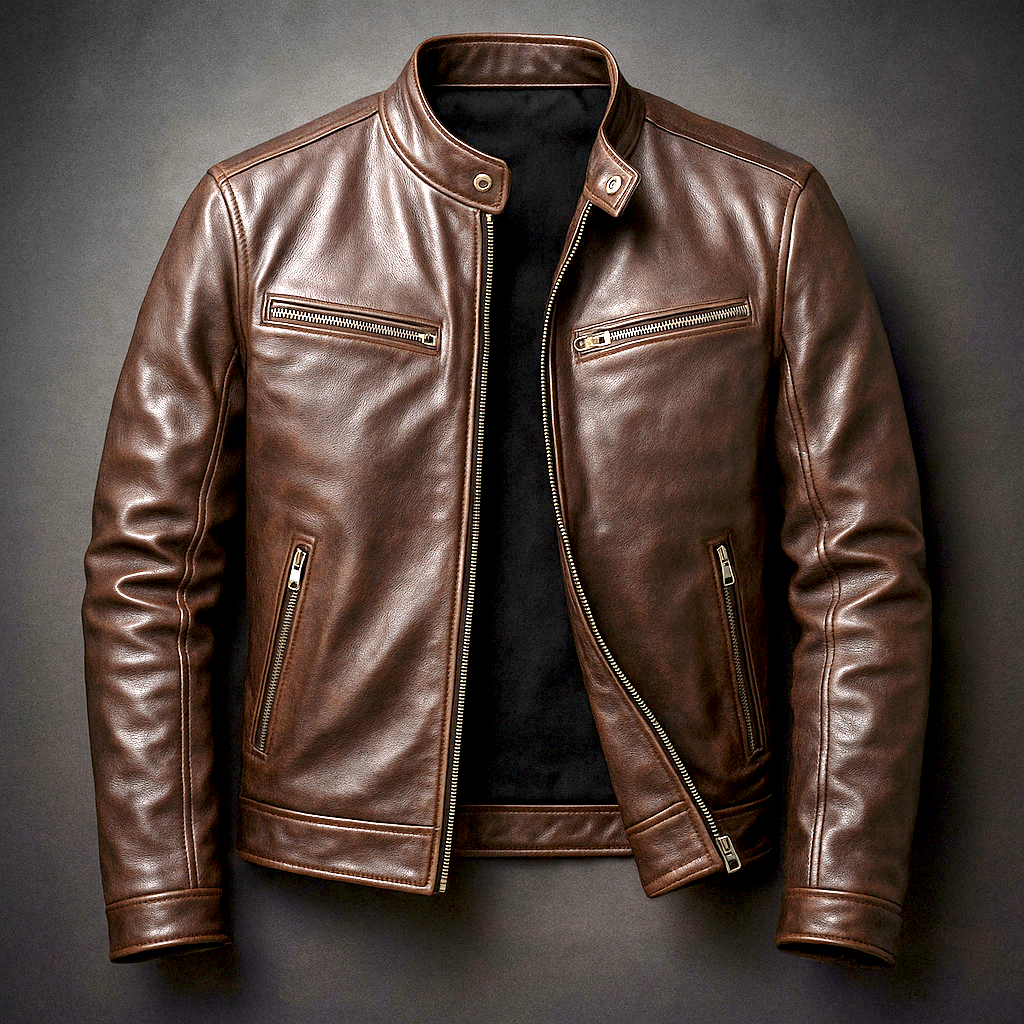 Veste Homme Vintage Cuir – Col Montant Coupe Structurée Fermeture Zippée Poches
