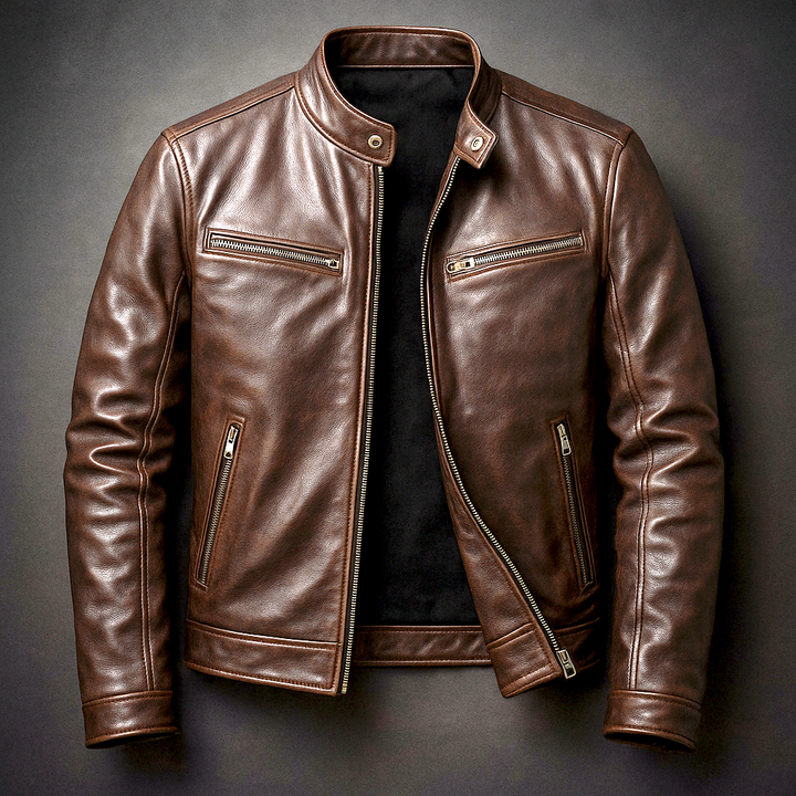 Veste Homme Vintage Cuir – Col Montant Coupe Structurée Fermeture Zippée Poches