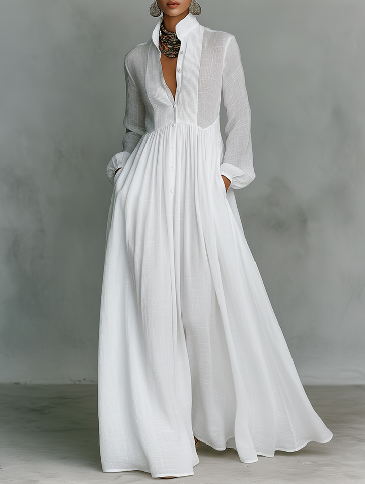 Robe Longue Femme Plissée – Légère Manches Longues Coupe A-Line Ourlet Évasé