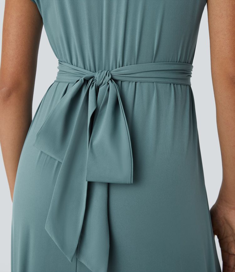 Leichtes Midi-Kleid mit V-Ausschnitt für Damen – Elastischer Bund, ausgestellter Schnitt