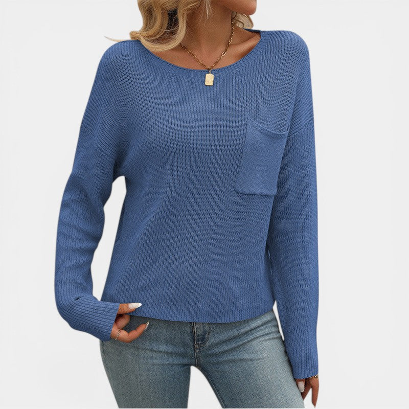 Women's Round-Neck Knit Sweater – Relaxed Fit with Chest Pocket | Ribbed Knit
