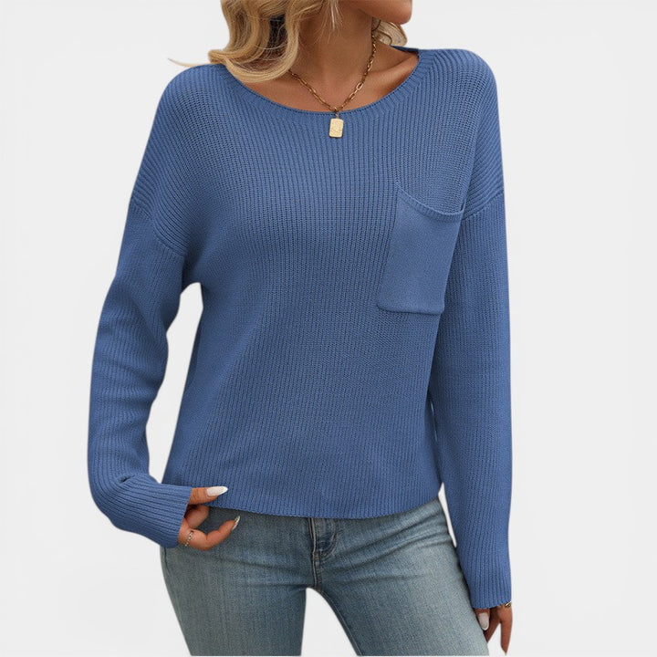 Women's Round-Neck Knit Sweater – Relaxed Fit with Chest Pocket | Ribbed Knit