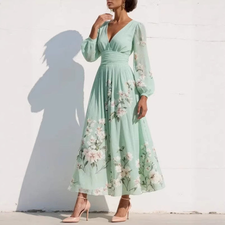 Robe Maxi Mousseline Femme – Manches Longues Coupe Évasée Plissée