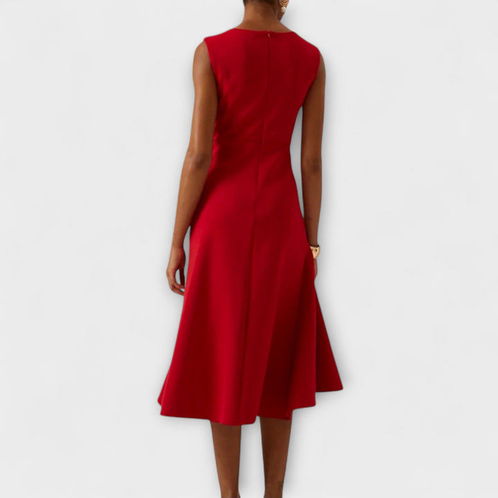Women's Structured Sleeveless Midi Dress – Round Neck, Flared Hem, Fitted
