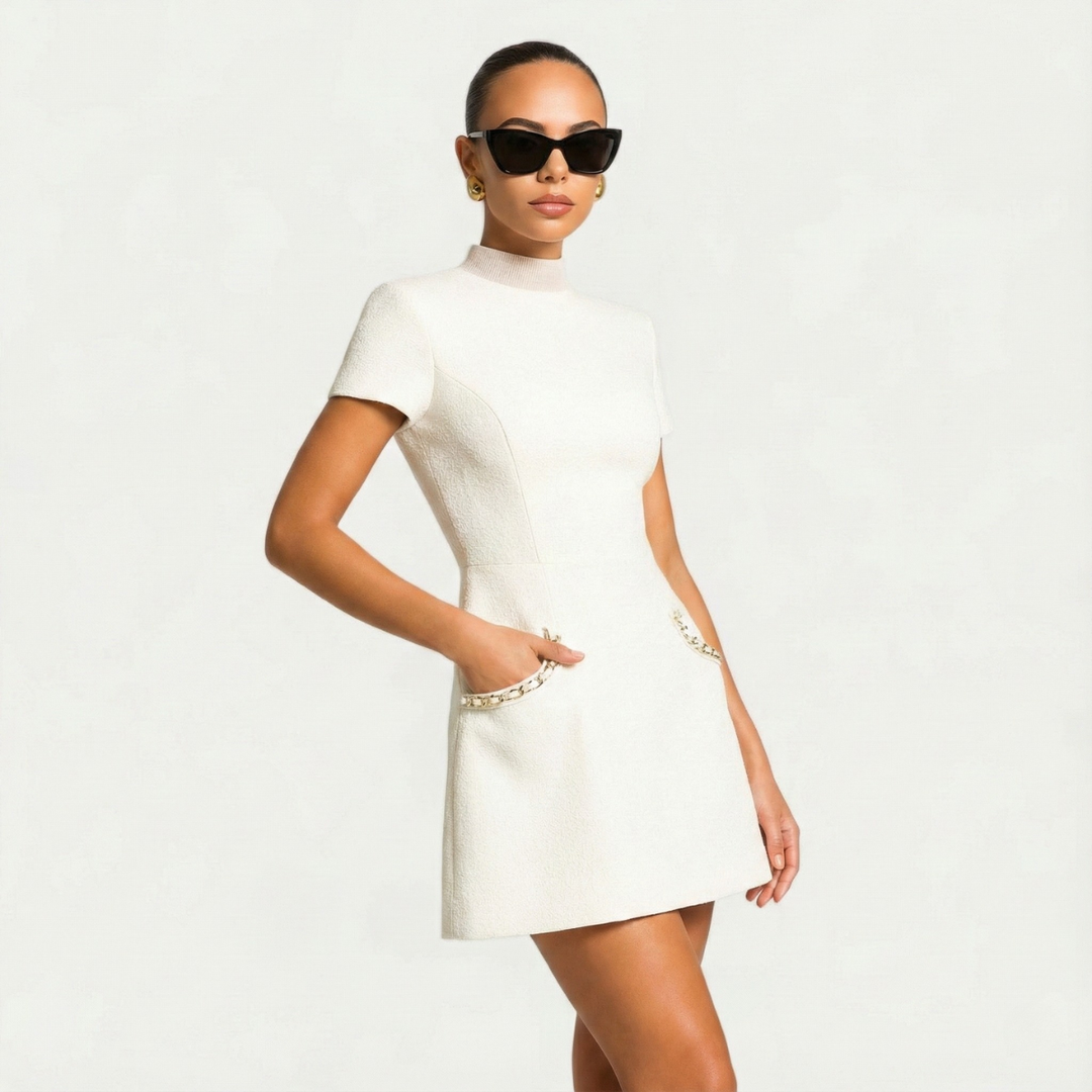 Robe Mini Texturée Femme – Manches Courtes Coupe Structurée