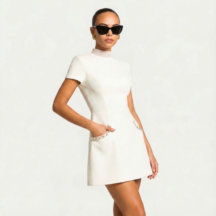 Robe Mini Texturée Femme – Manches Courtes Coupe Structurée