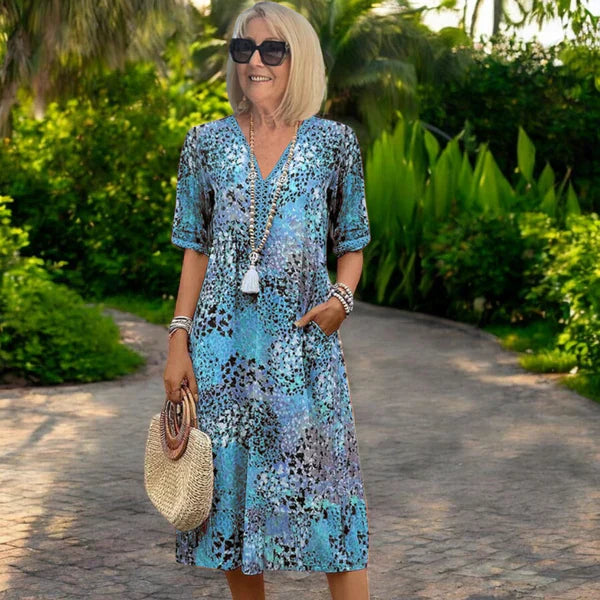 Leichtes Boho-Midi-Kleid für Damen – V-Ausschnitt, lockerer Schnitt