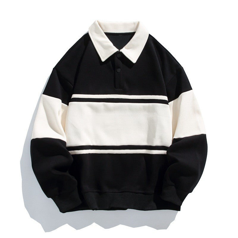 Herre-sweatshirt i bomuldsblanding – stribet mønster, løs pasform, polo-krave