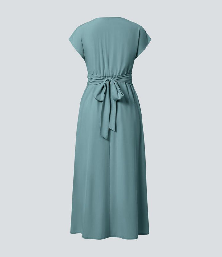 Leichtes Midi-Kleid mit V-Ausschnitt für Damen – Elastischer Bund, ausgestellter Schnitt