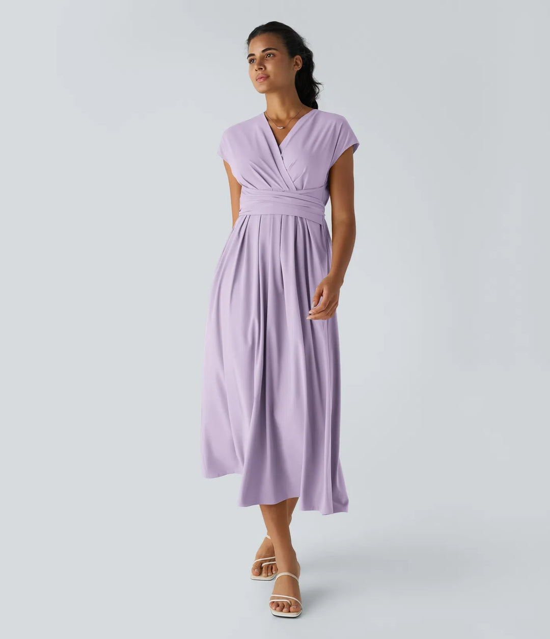 Leichtes Midi-Kleid mit V-Ausschnitt für Damen – Elastischer Bund, ausgestellter Schnitt
