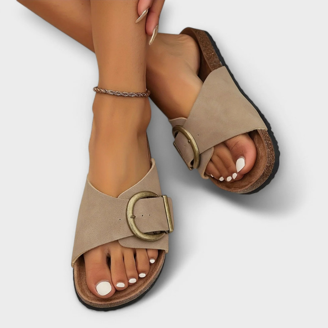 Orthopädische flache Sandalen für Damen – zum Hineinschlüpfen, offene Spitze, gepolsterte Sohle