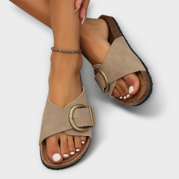 Orthopädische flache Sandalen für Damen – zum Hineinschlüpfen, offene Spitze, gepolsterte Sohle
