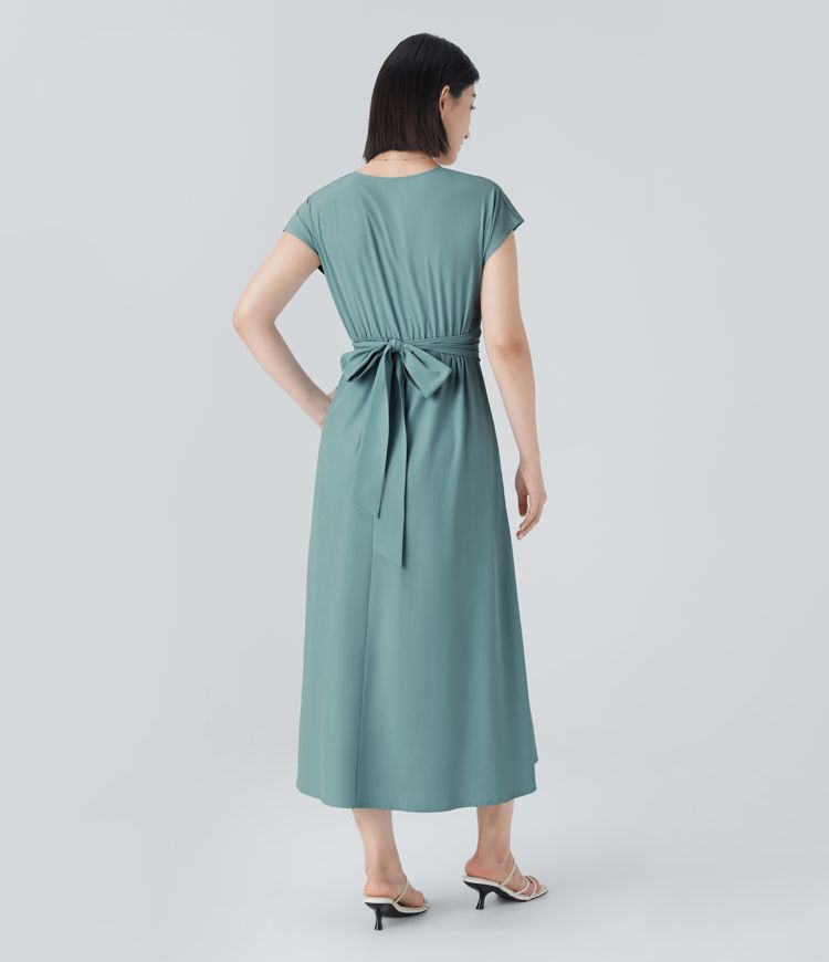 Leichtes Midi-Kleid mit V-Ausschnitt für Damen – Elastischer Bund, ausgestellter Schnitt