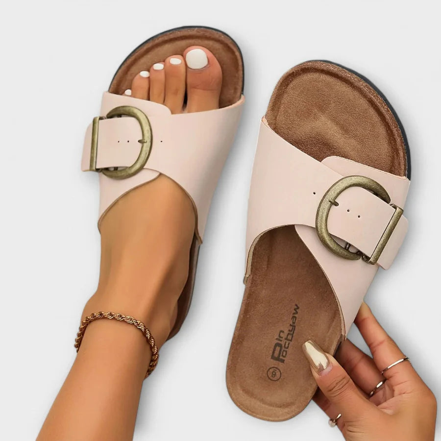 Orthopädische flache Sandalen für Damen – zum Hineinschlüpfen, offene Spitze, gepolsterte Sohle