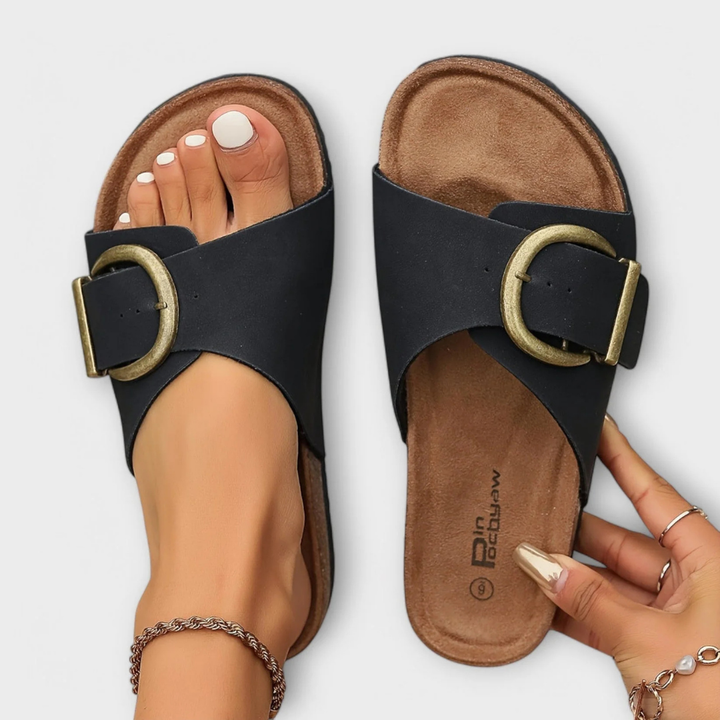 Orthopädische flache Sandalen für Damen – zum Hineinschlüpfen, offene Spitze, gepolsterte Sohle