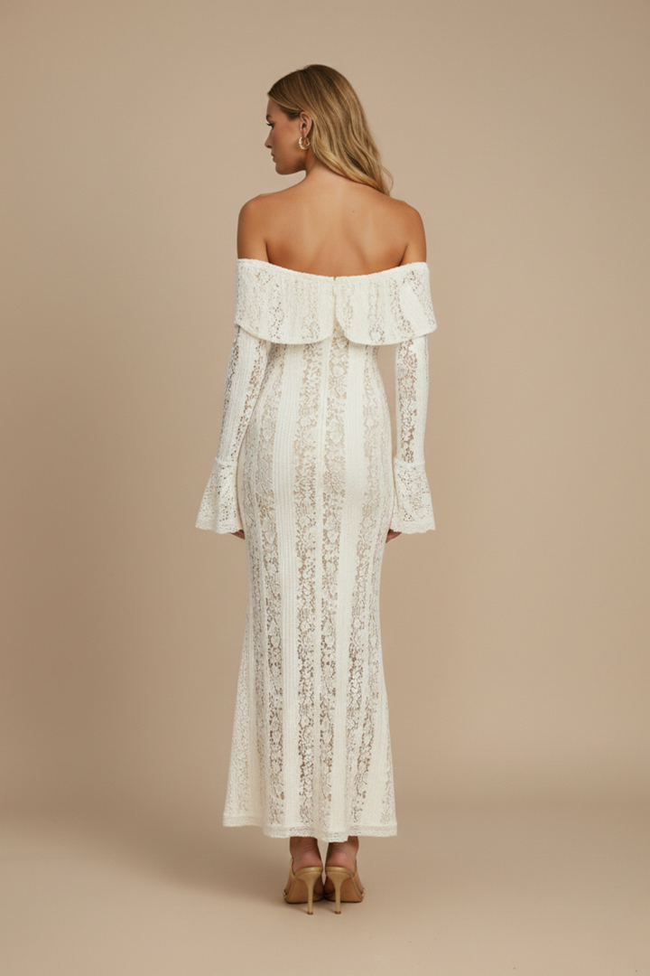 Robe Maxi Femme Dentelle Épaules Dénudées – Manches Longues Ourlet Évasé