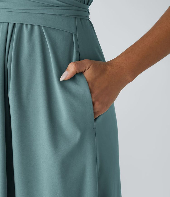 Leichtes Midi-Kleid mit V-Ausschnitt für Damen – Elastischer Bund, ausgestellter Schnitt
