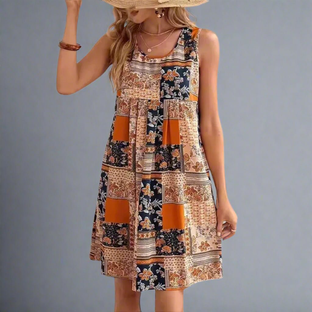 Mini-Robe Bohème Femme en Tissu Léger – Design Patchwork Sans Manches