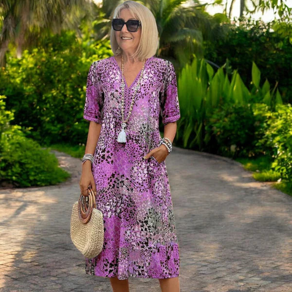 Leichtes Boho-Midi-Kleid für Damen – V-Ausschnitt, lockerer Schnitt