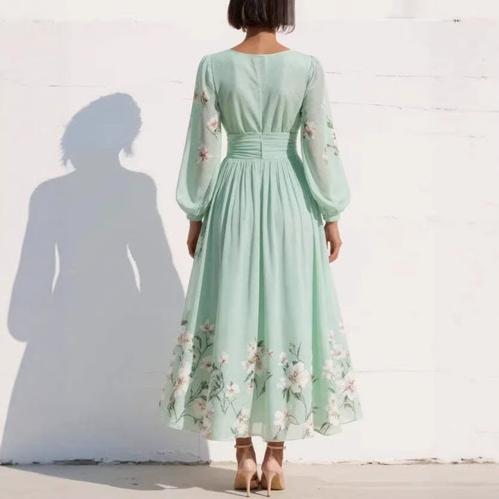 Robe Maxi Mousseline Femme – Manches Longues Coupe Évasée Plissée