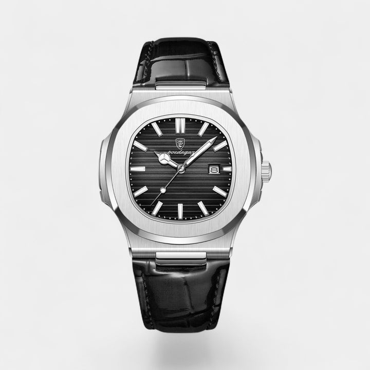 Riche | Herrenuhr mit schwarzem Lederarmband – Quarz, leuchtend und wasserdicht, 40 mm