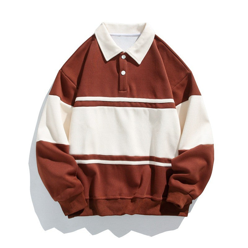 Herre-sweatshirt i bomuldsblanding – stribet mønster, løs pasform, polo-krave