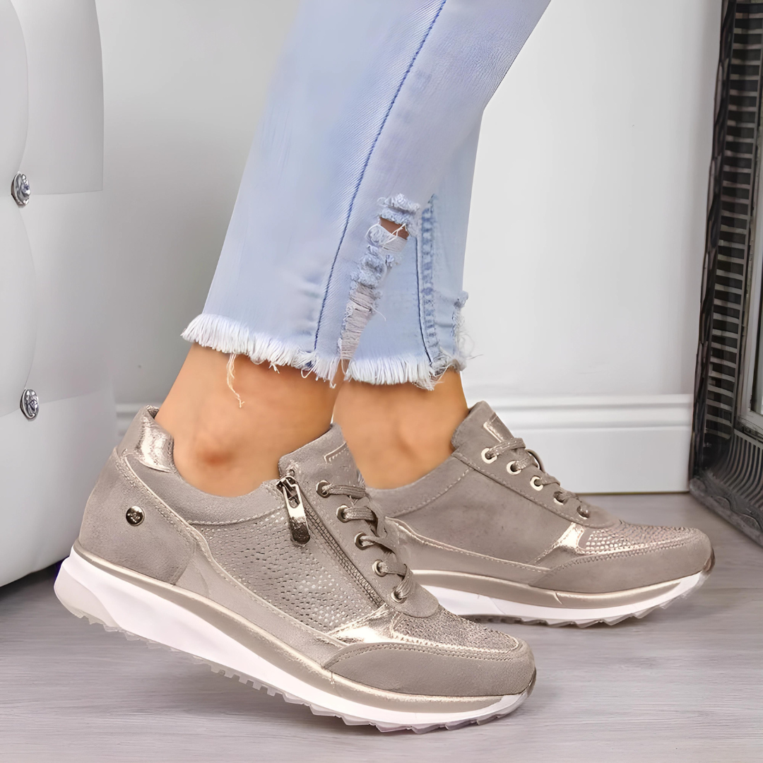 Baskets Décontractées Orthopédiques en Cuir pour Femme – Semelle Confort Strass