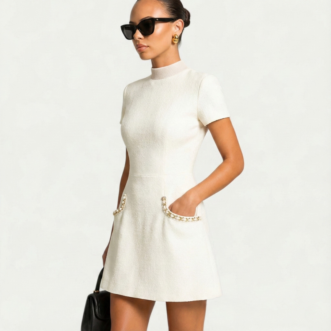 Robe Mini Texturée Femme – Manches Courtes Coupe Structurée