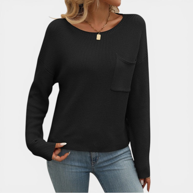 Women's Round-Neck Knit Sweater – Relaxed Fit with Chest Pocket | Ribbed Knit
