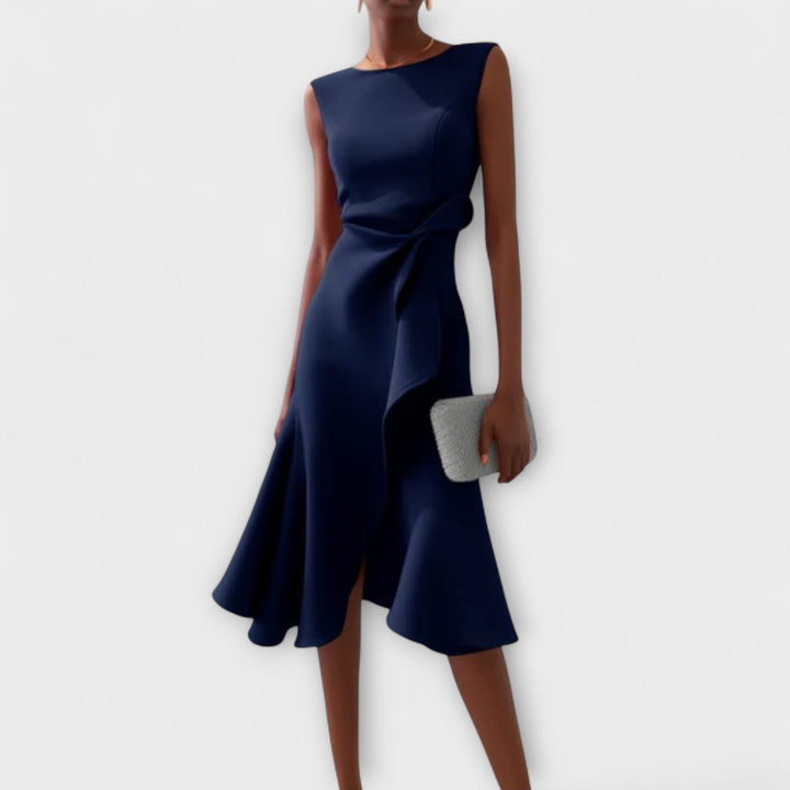 Women's Structured Sleeveless Midi Dress – Round Neck, Flared Hem, Fitted