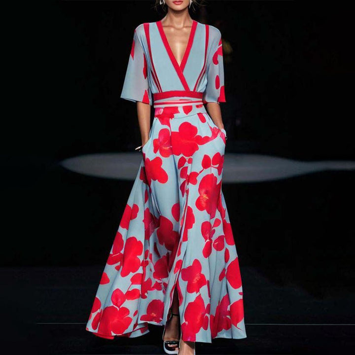 Women's A-line maxi dress with floral print – V-neck, fitted waist