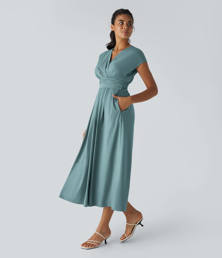 Leichtes Midi-Kleid mit V-Ausschnitt für Damen – Elastischer Bund, ausgestellter Schnitt