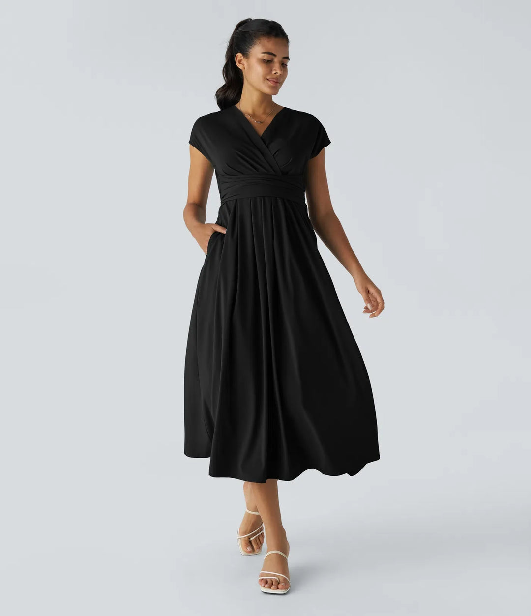 Leichtes Midi-Kleid mit V-Ausschnitt für Damen – Elastischer Bund, ausgestellter Schnitt