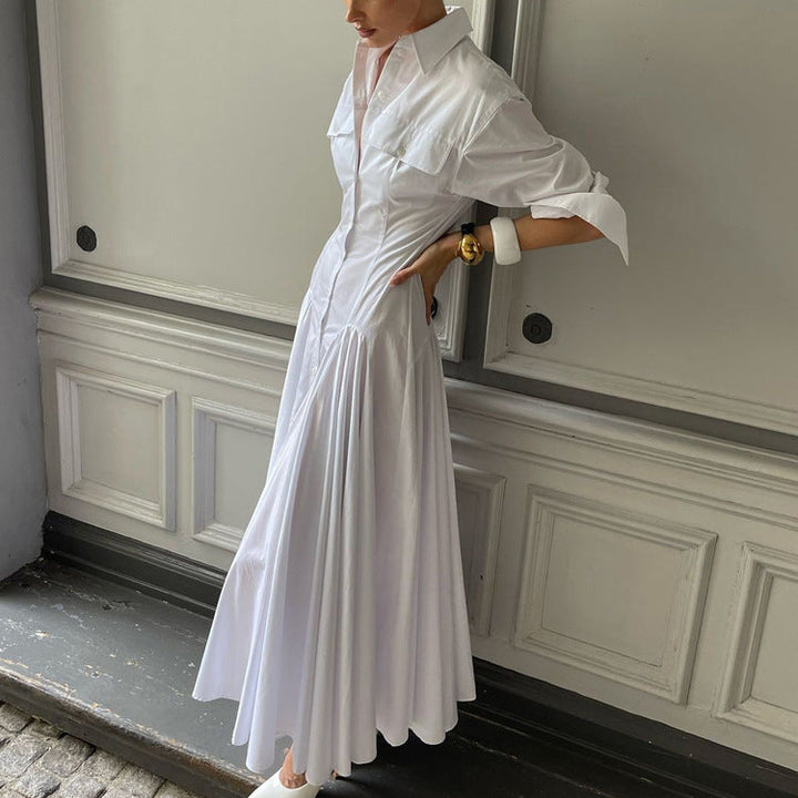 Robe Chemise Maxi Coton Blanc Femme – Manches Longues Coupe Évasée Plissée