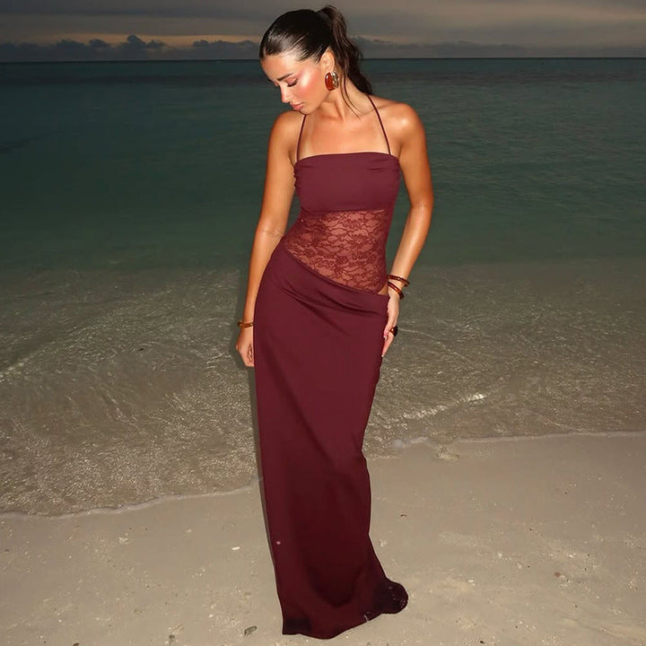 Robe Maxi à Empiècements en Dentelle Femme – Sans Manches Coupe Ajustée Évasée