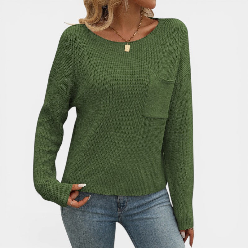 Women's Round-Neck Knit Sweater – Relaxed Fit with Chest Pocket | Ribbed Knit