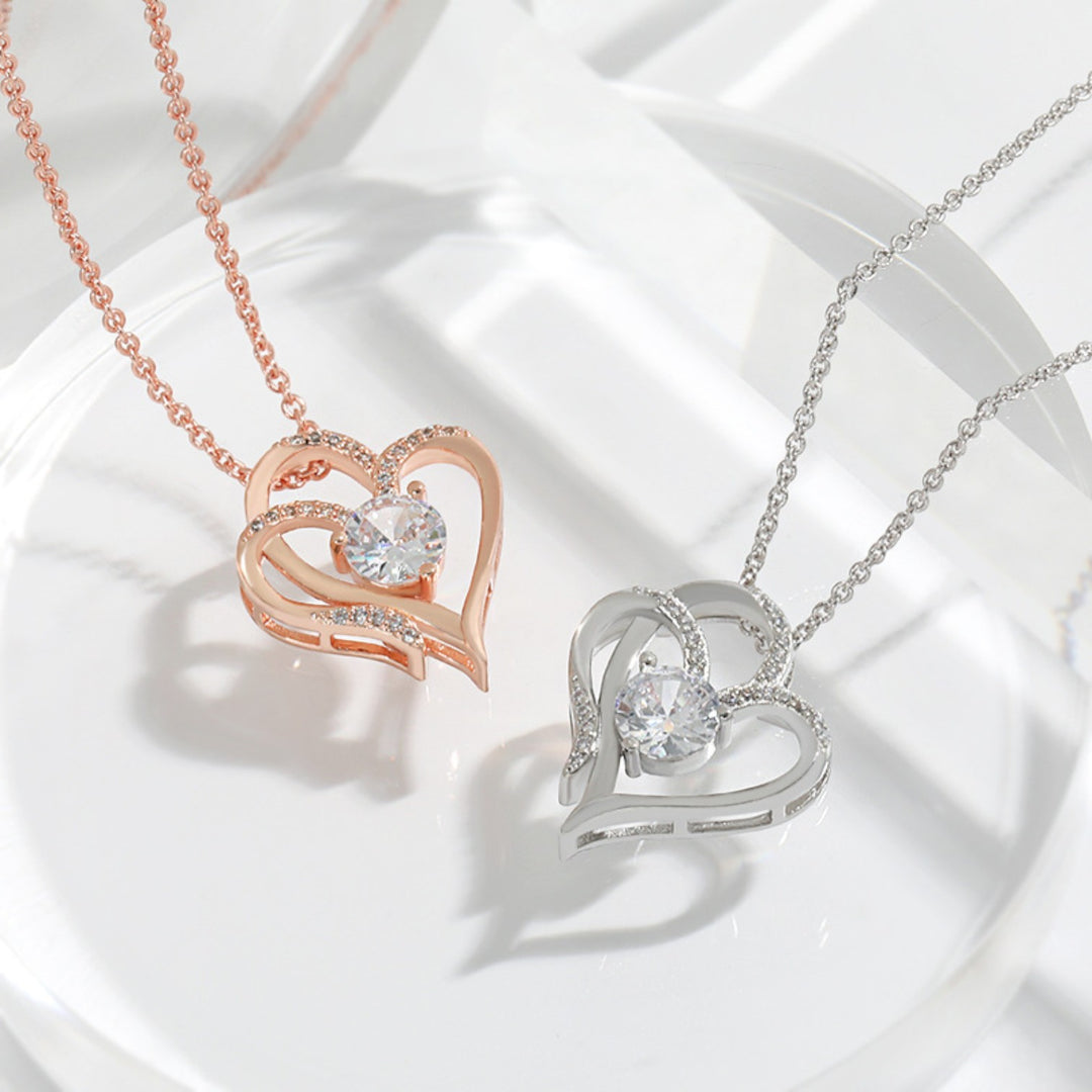Women's Double Heart Pendant Necklace – Rhinestone Accents