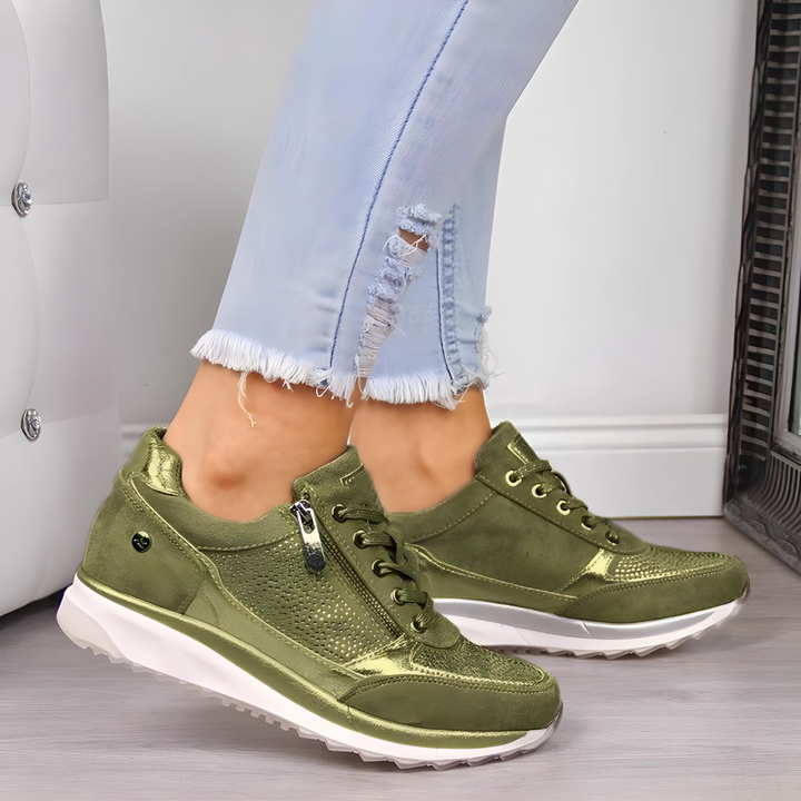 Afslappede ortopædiske lædersko til kvinder – komfortabel sål med rhinsten
