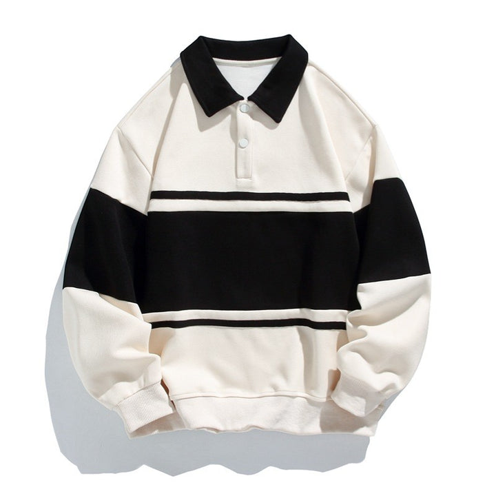 Herre-sweatshirt i bomuldsblanding – stribet mønster, løs pasform, polo-krave