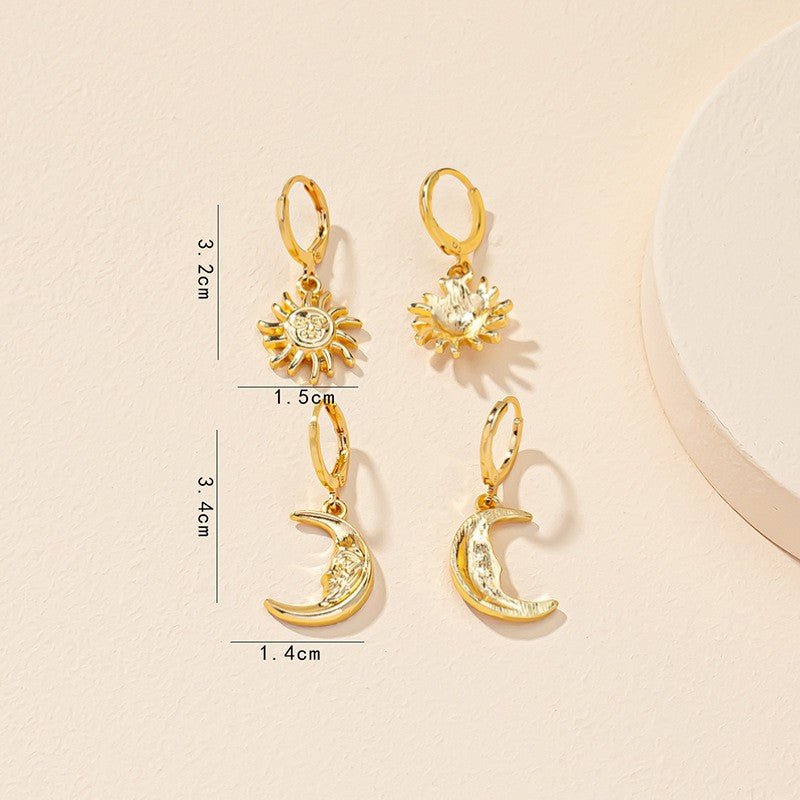 Boucles d’Oreilles Soleil Lune pour Femme – Set Créoles Gravées